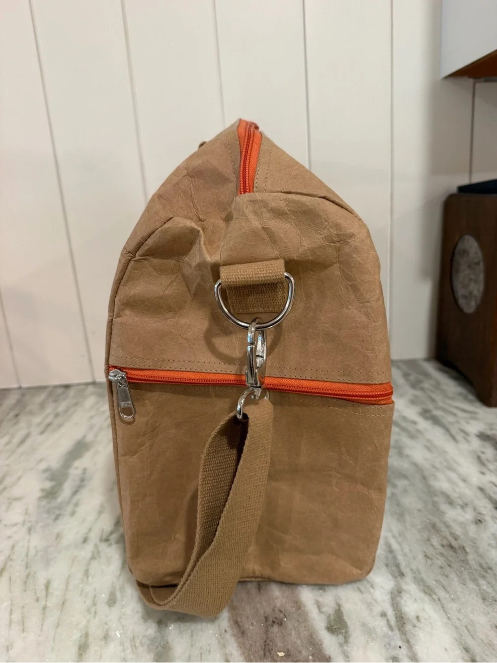 Pulp Fusion Tan Duffel Bag with Orange Zipper